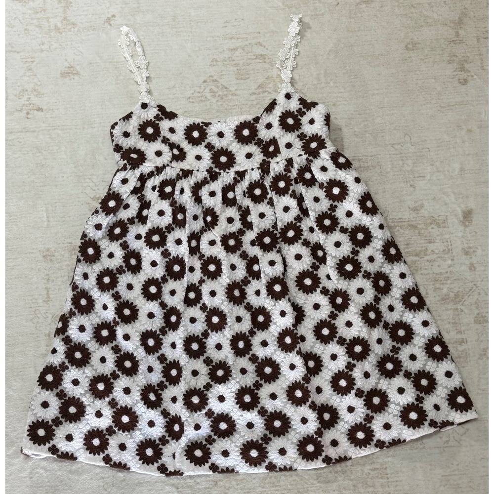 Milly New York Brown White Daisy Floral Embroidered Cotton Babydoll Dress 8